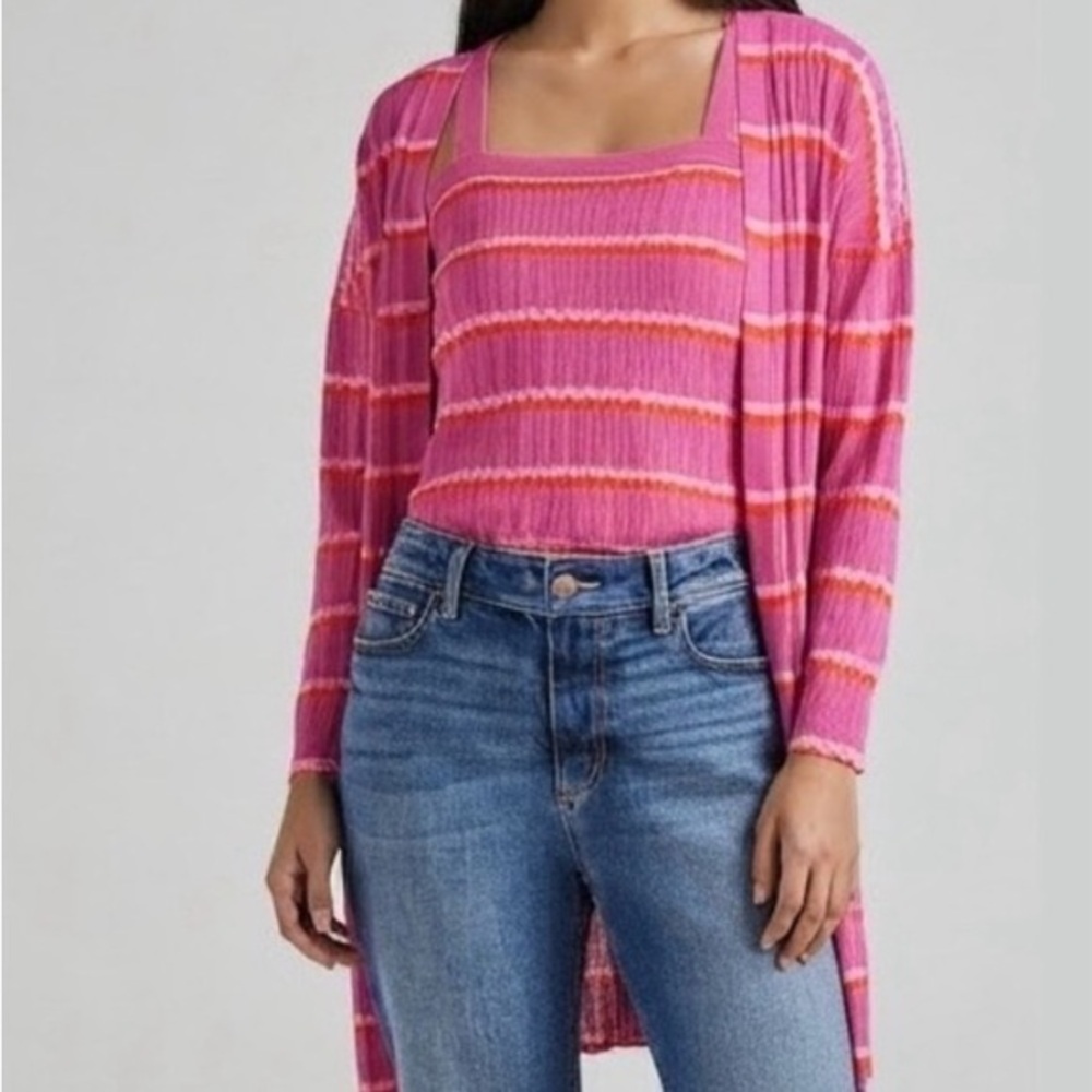 LOFT Pink Red Purple Striped Duster Cardigan Open Front Longline Knit Sweater S